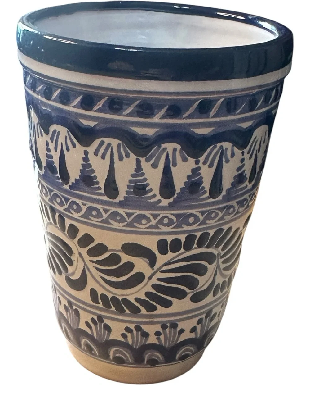 Mexican Pottery Cup Vase Hernandez Puebla Mexico Blue White Hand Painted 5.5”